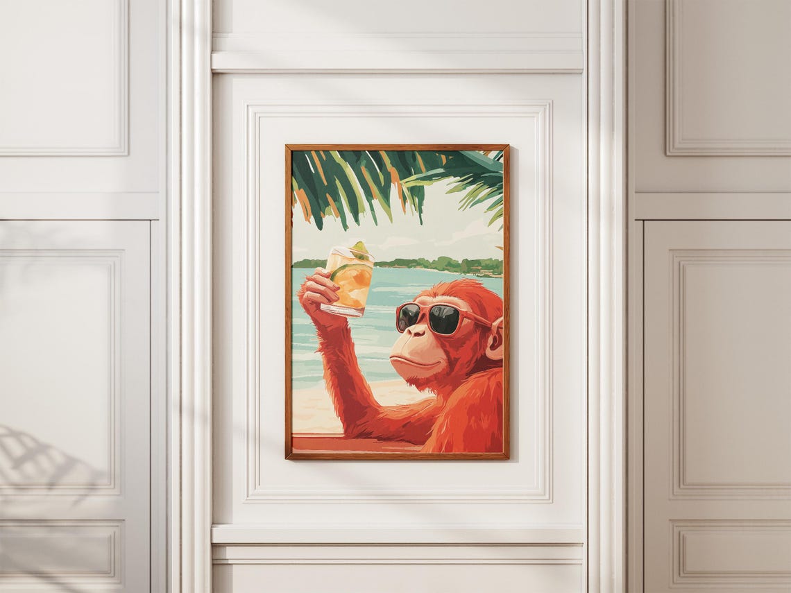 Cool Monkey in Sunglasses Raising a Cocktail at the Beach Poster - Image 2