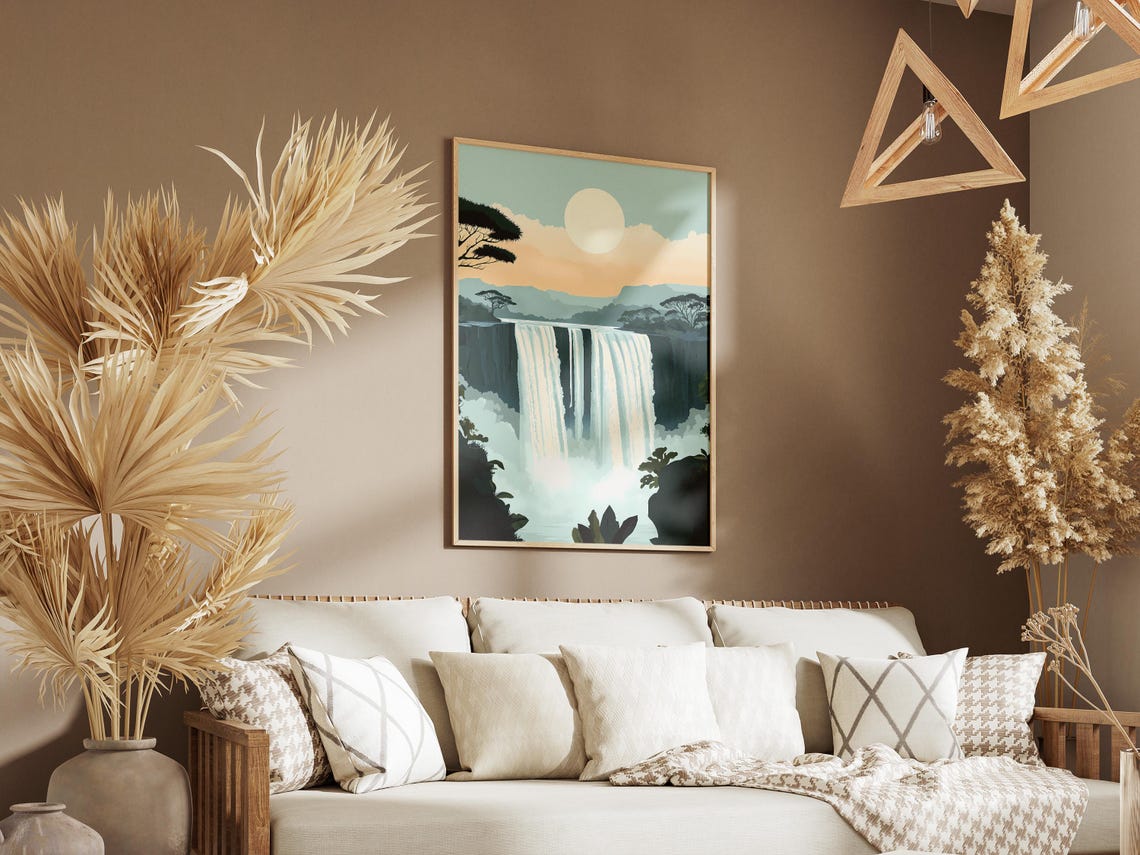 Majestic African Waterfall with Mist and Acacia Trees Poster - Image 3