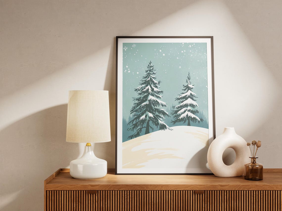 Two Snowy Pines on a Soft Snowdrift Sage Winter Minimalist Poster - Image 5