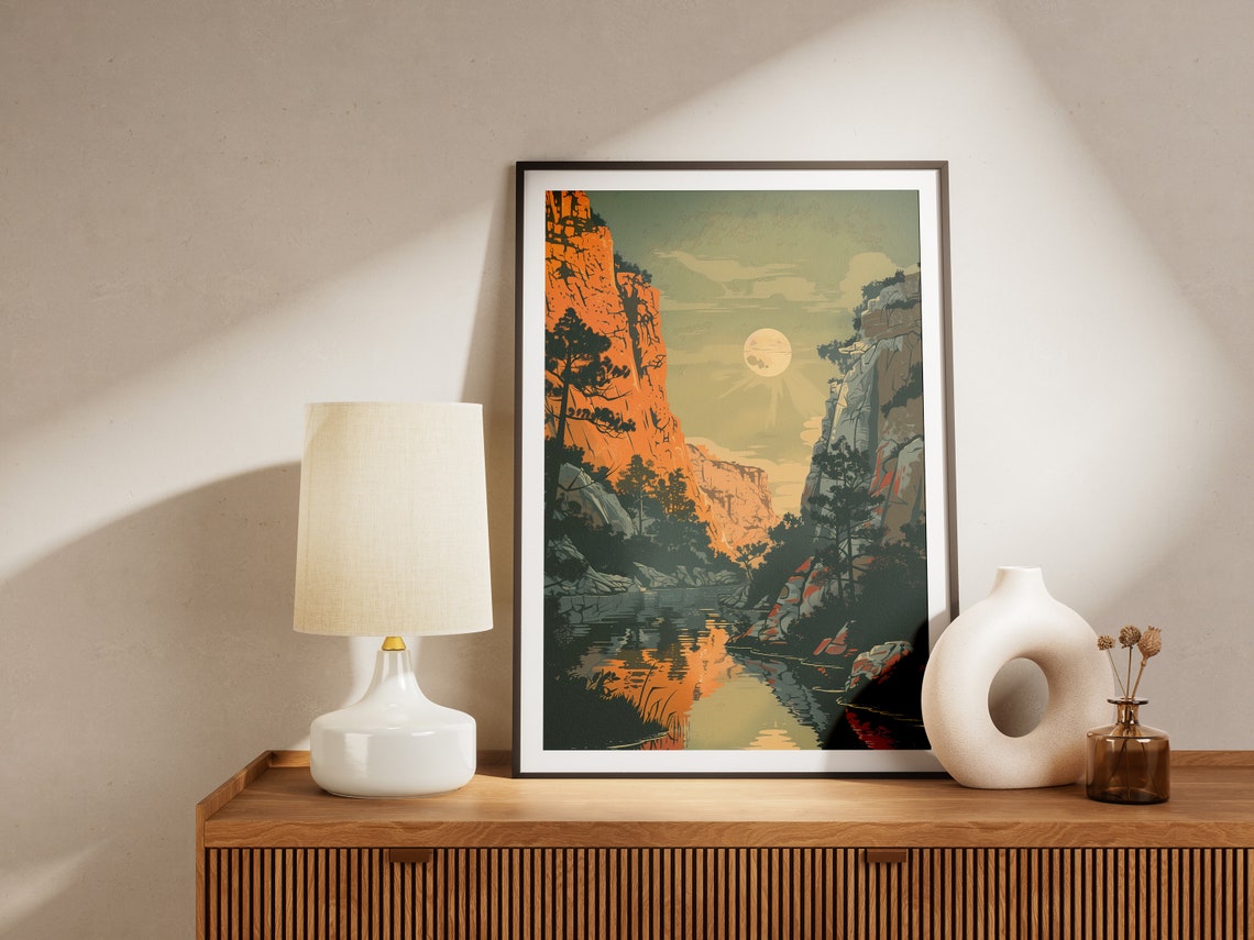 Mid Century Moonlit Canyon River Red Cliff Vintage Travel Poster - Image 2