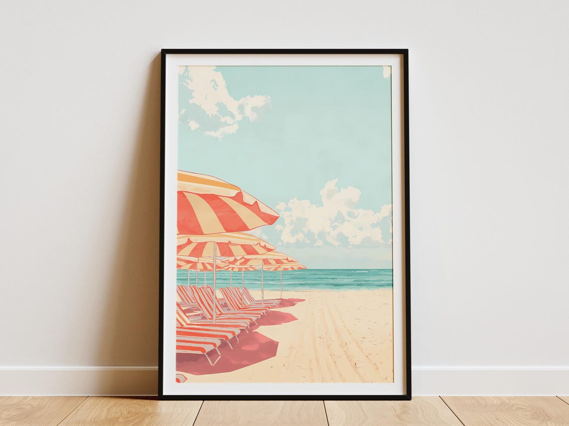 Striped Red Beach Umbrellas in a Row on a Sunny Shore Poster