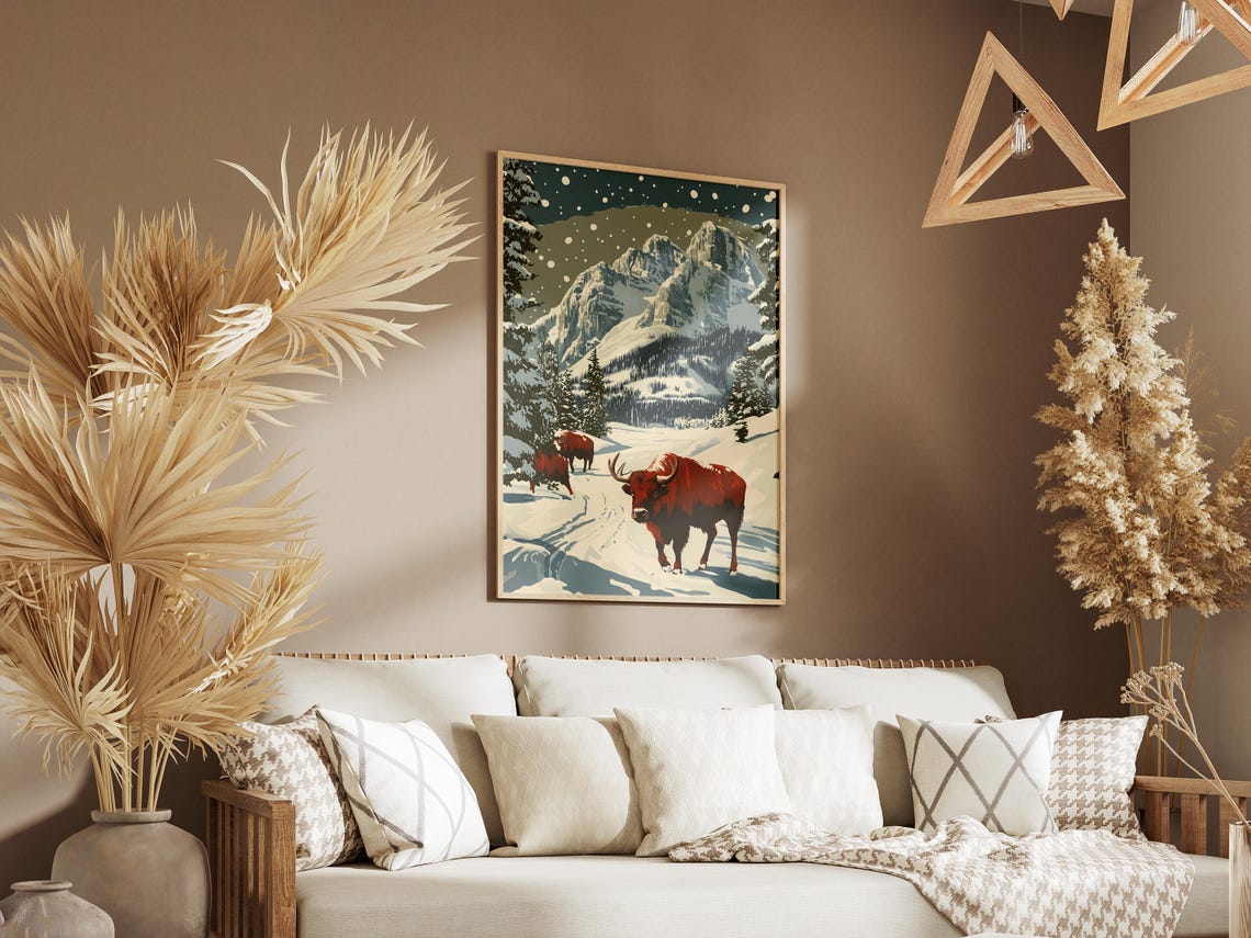 Theodore Roosevelt National Park Bison Winter Snow Poster Vintage Travel Print National Park Art Wildlife Landscape Festive Holiday Decor - Image 3