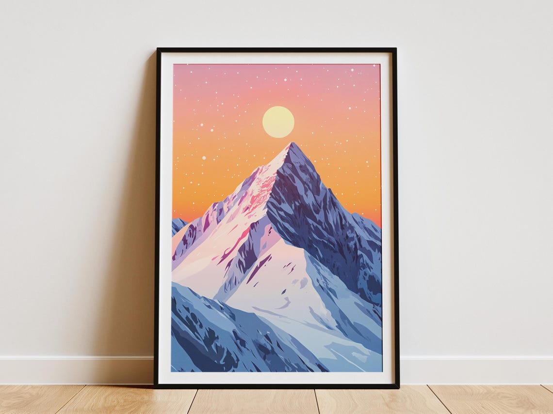 Pink Sunset Snowy Mountain Peak Colorful Landscape Art Poster