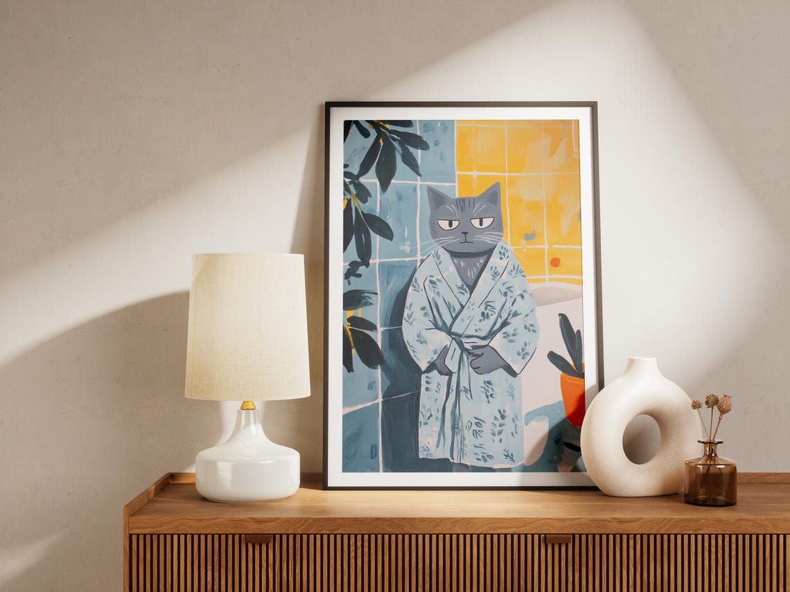 Grumpy Gray Cat in Floral Bathrobe Funny Bathroom Pet Art Poster - Image 4