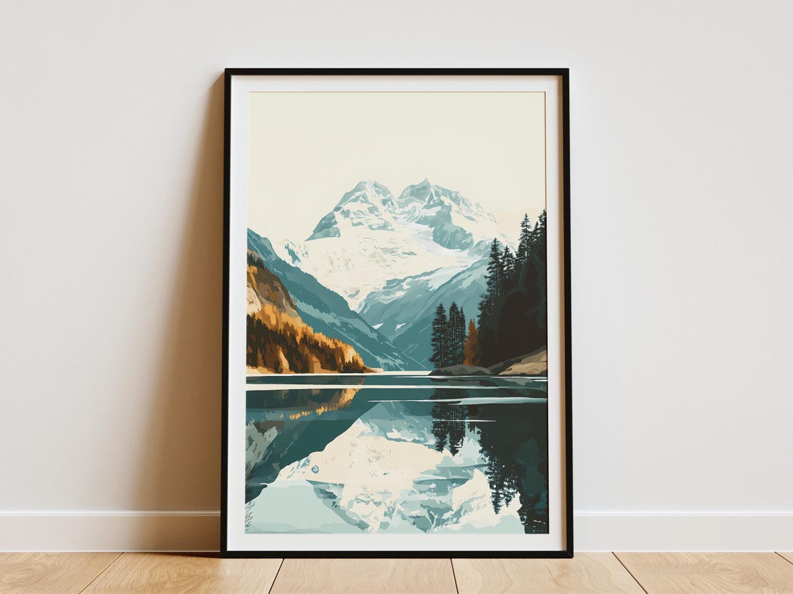 Snowy Mountain Peak Reflected In A Calm Alpine Lake Travel Poster