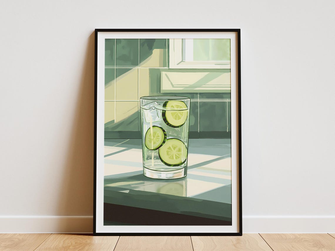 Cucumber Water Glass Fresh Slices Tiled Kitchen Still Life Poster