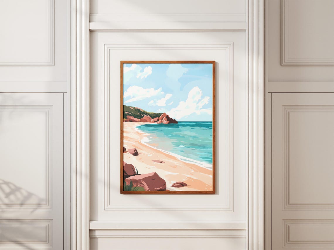 Sunny Beach Cove With Pink Rocks and Sparkling Turquoise Sea Poster - Image 2