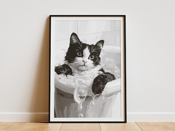 Tuxedo Cat in Bubble Bath Black and White Funny Bathroom Decor Poster