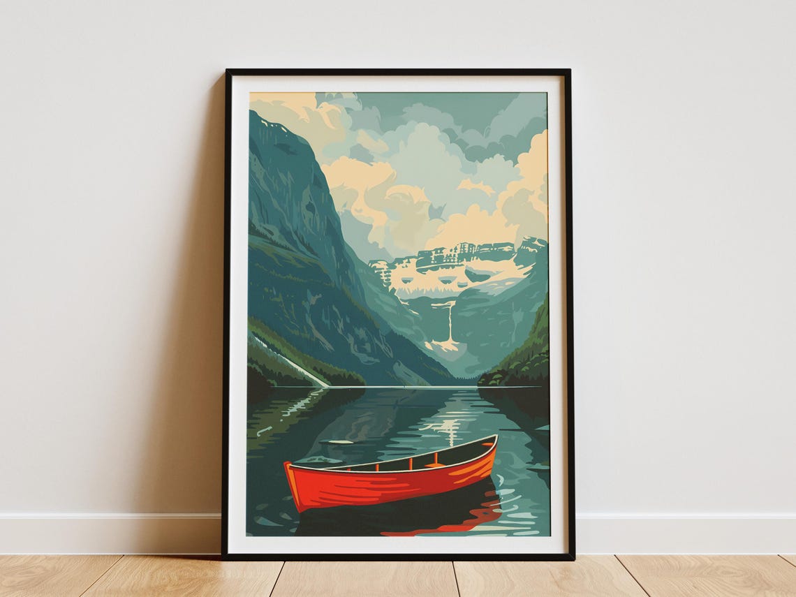 Norway Fjord Red Canoe Waterfall Minimalist Scandinavian Art Poster