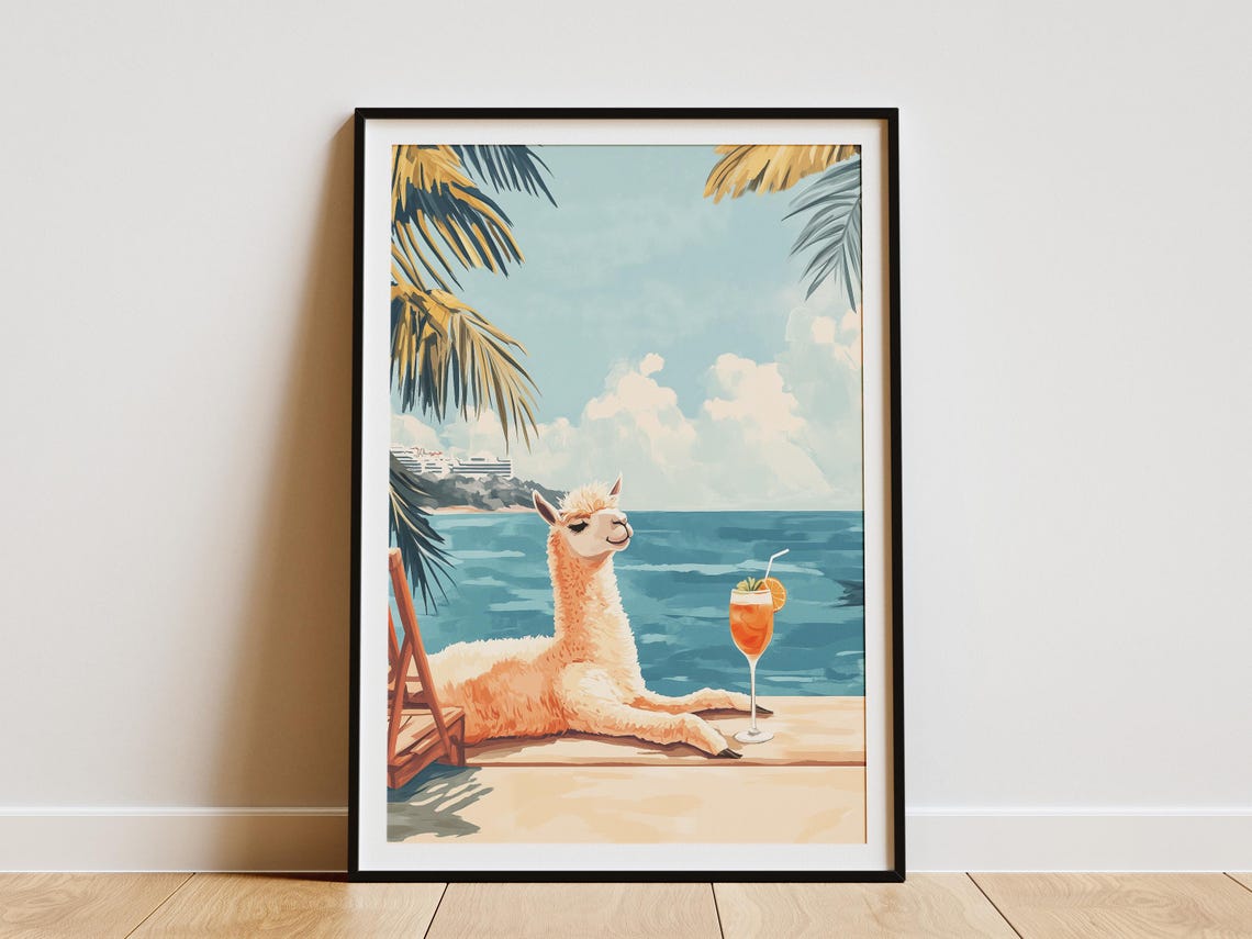 Chill Alpaca Sipping Cocktail By The Sea Palm Tree Beach Poster