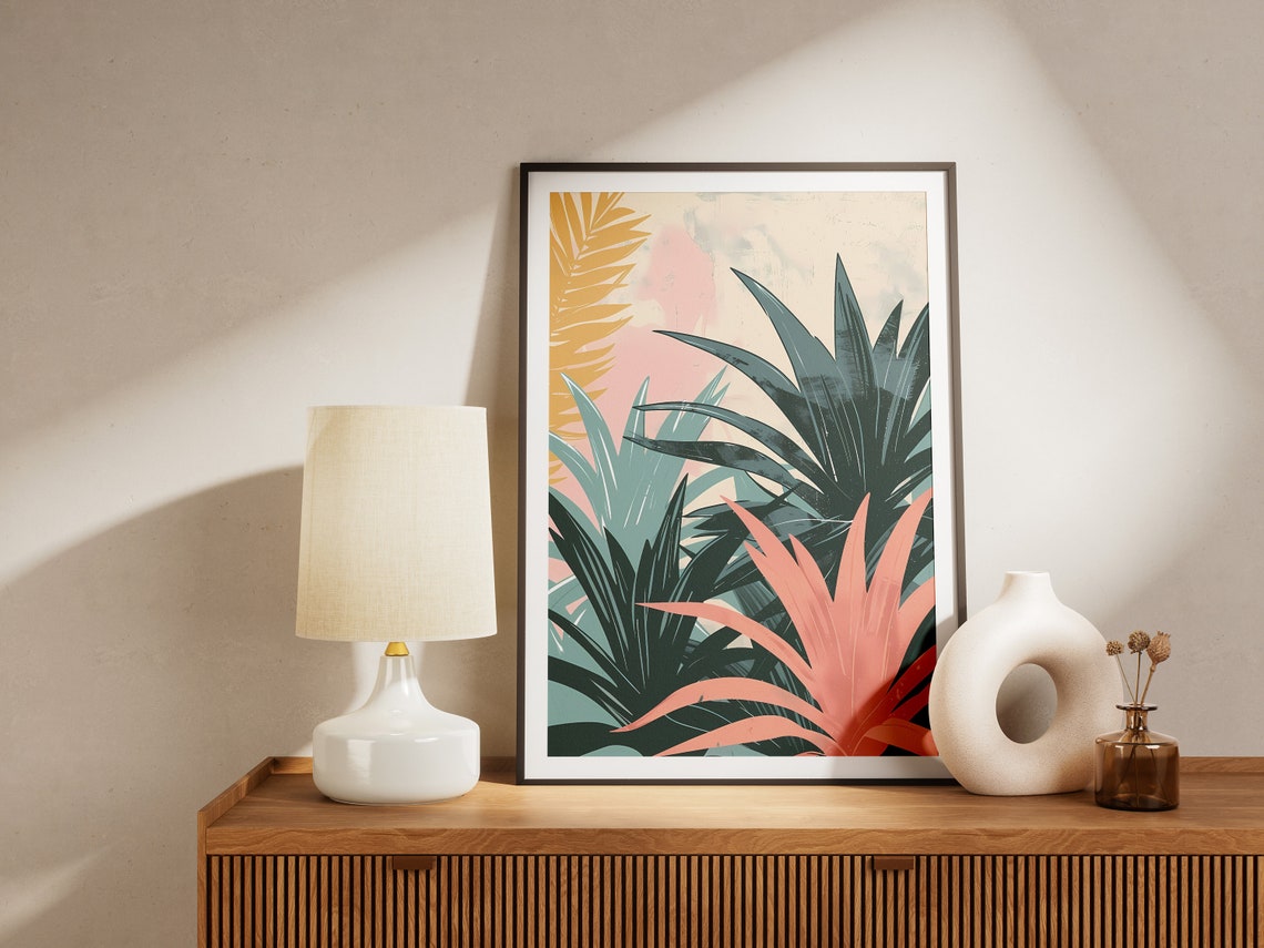 Colorful Boho Tropical Leaves Coral Teal Botanical Art Poster - Image 2