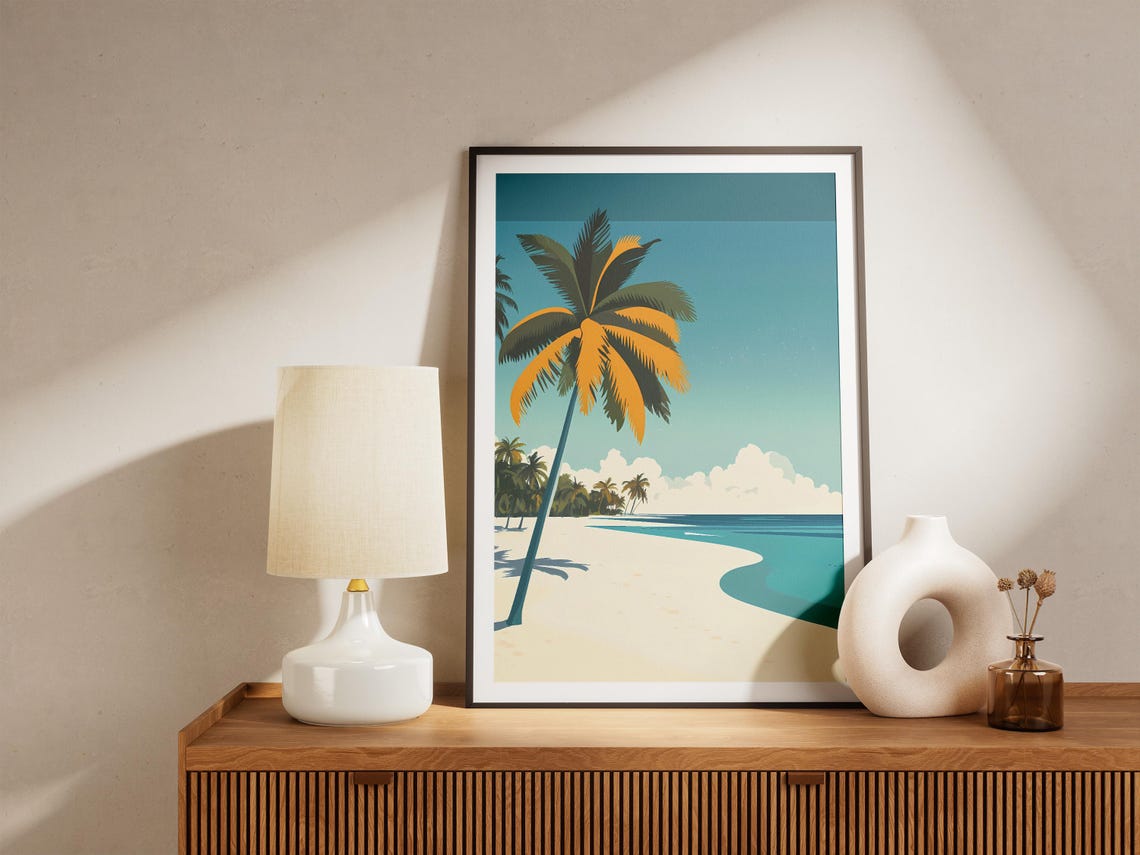 Maldives Tropical Beach with a Single Leaning Palm Tree Art Poster - Image 5