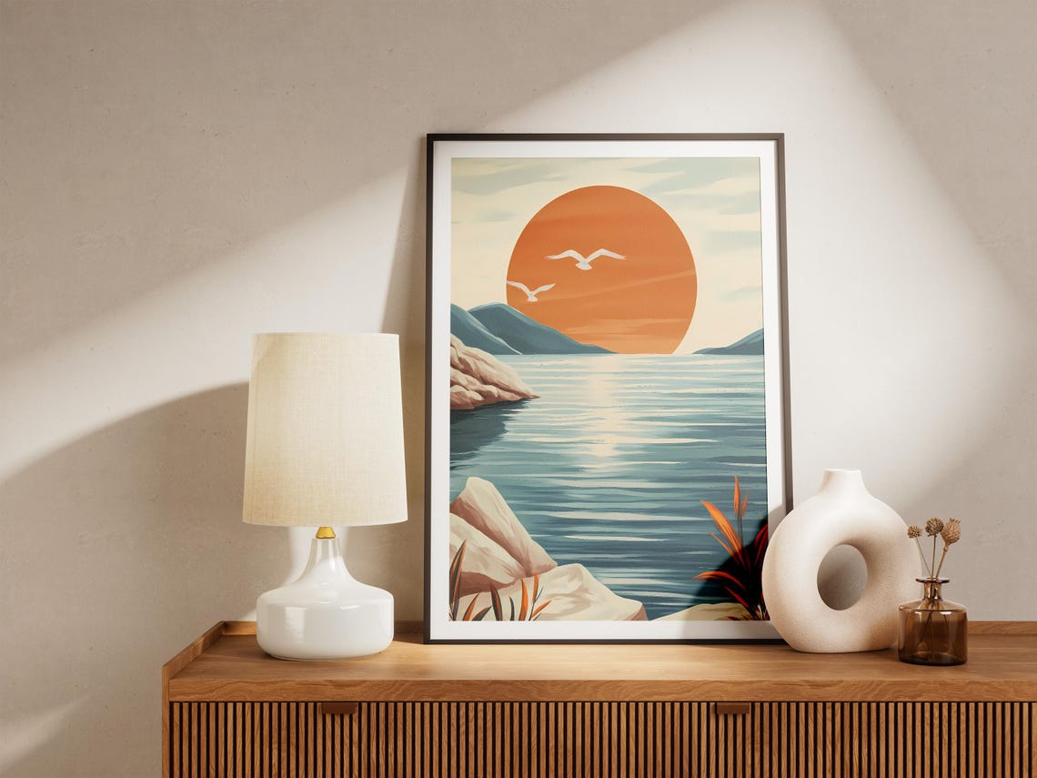 Seto Inland Sea Sunset Big Orange Sun Over Calm Water Scene Poster - Image 4