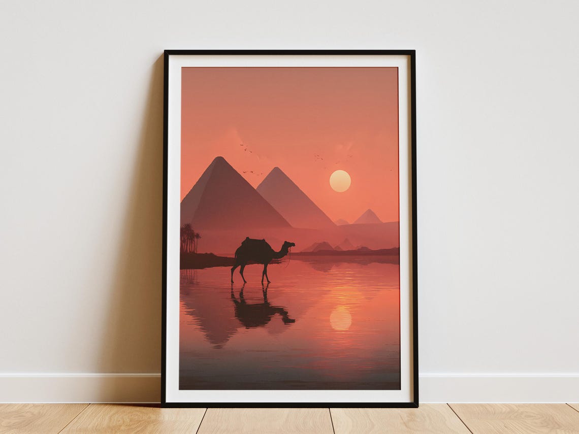 Camel Silhouette Giza Pyramids Sunset Reflection Travel Poster