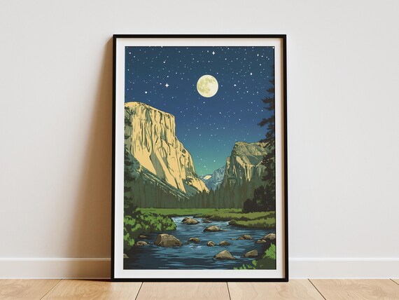 Yosemite National Park Moonlit El Capitan River Meadow Night Art Poster