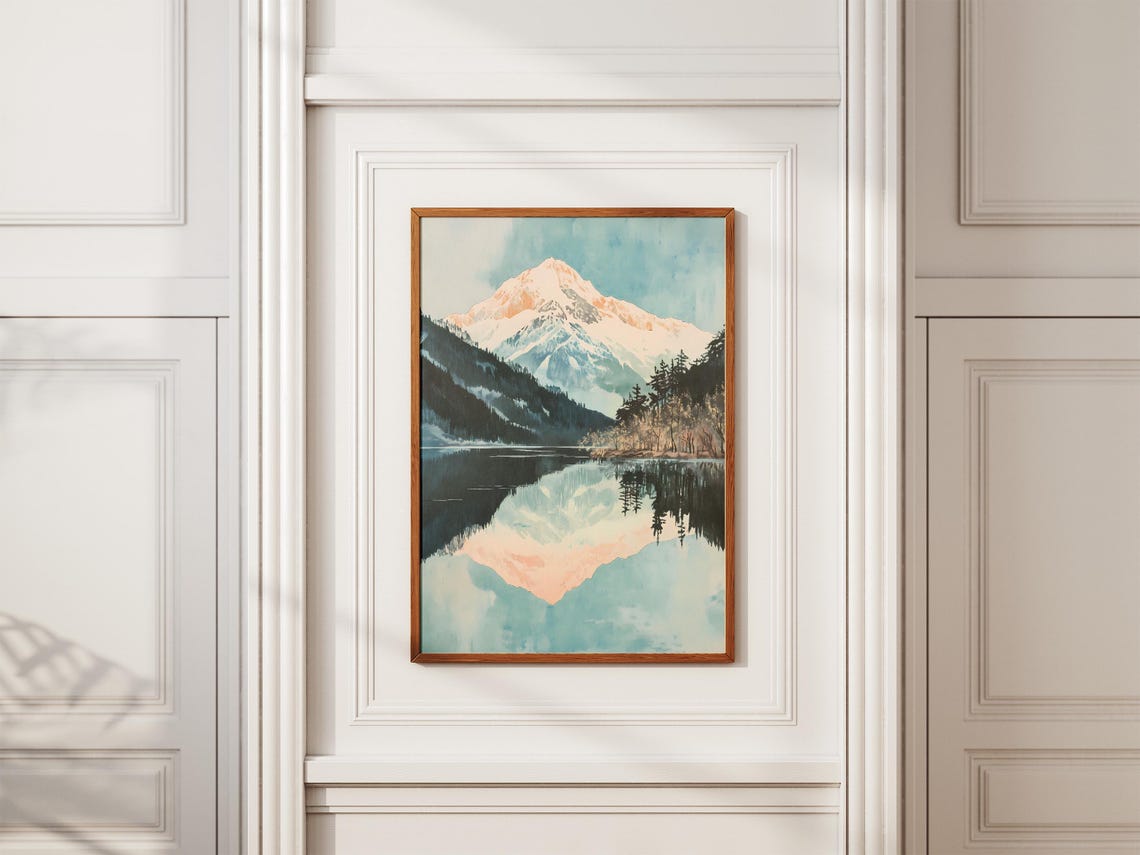 Soft Blush Snow Peak Reflection in Alpine Lake Watercolor Poster - Image 2