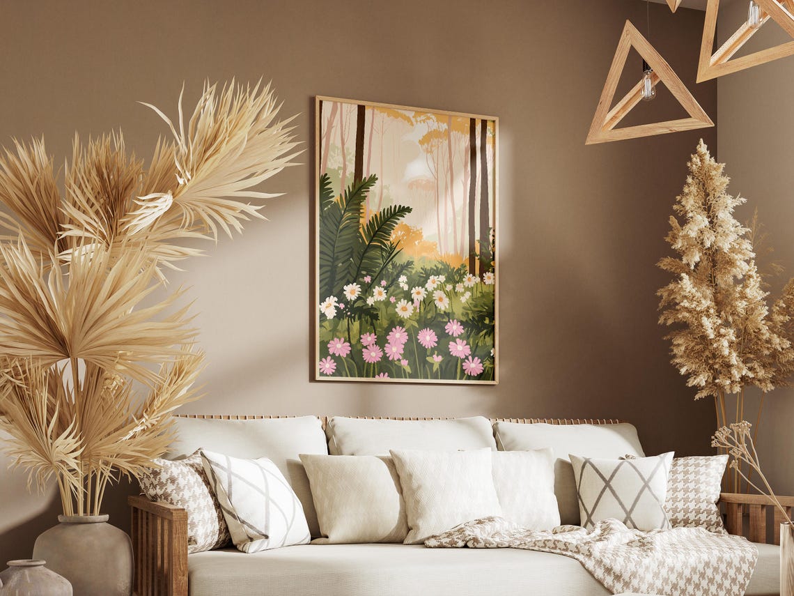 Pink Cosmos Ferns Misty Forest Glade Soft Dreamy Flower Poster - Image 3