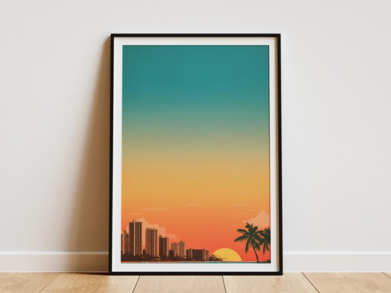 Waikiki Honolulu Skyline Sunset Palm Trees Vintage Travel Poster