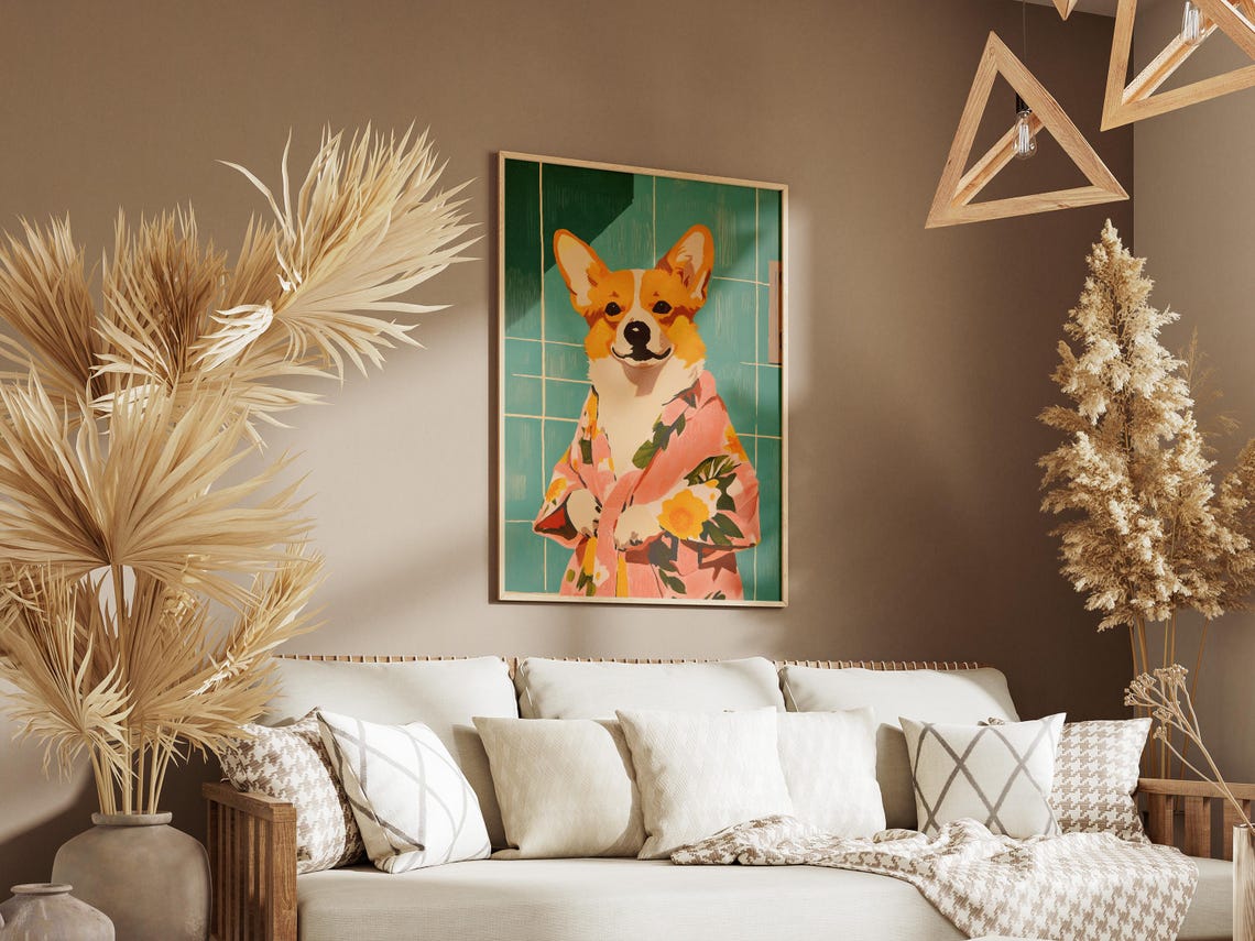 Corgi Dog in Floral Bathrobe Matisse Style Fun Bathroom Poster - Image 3