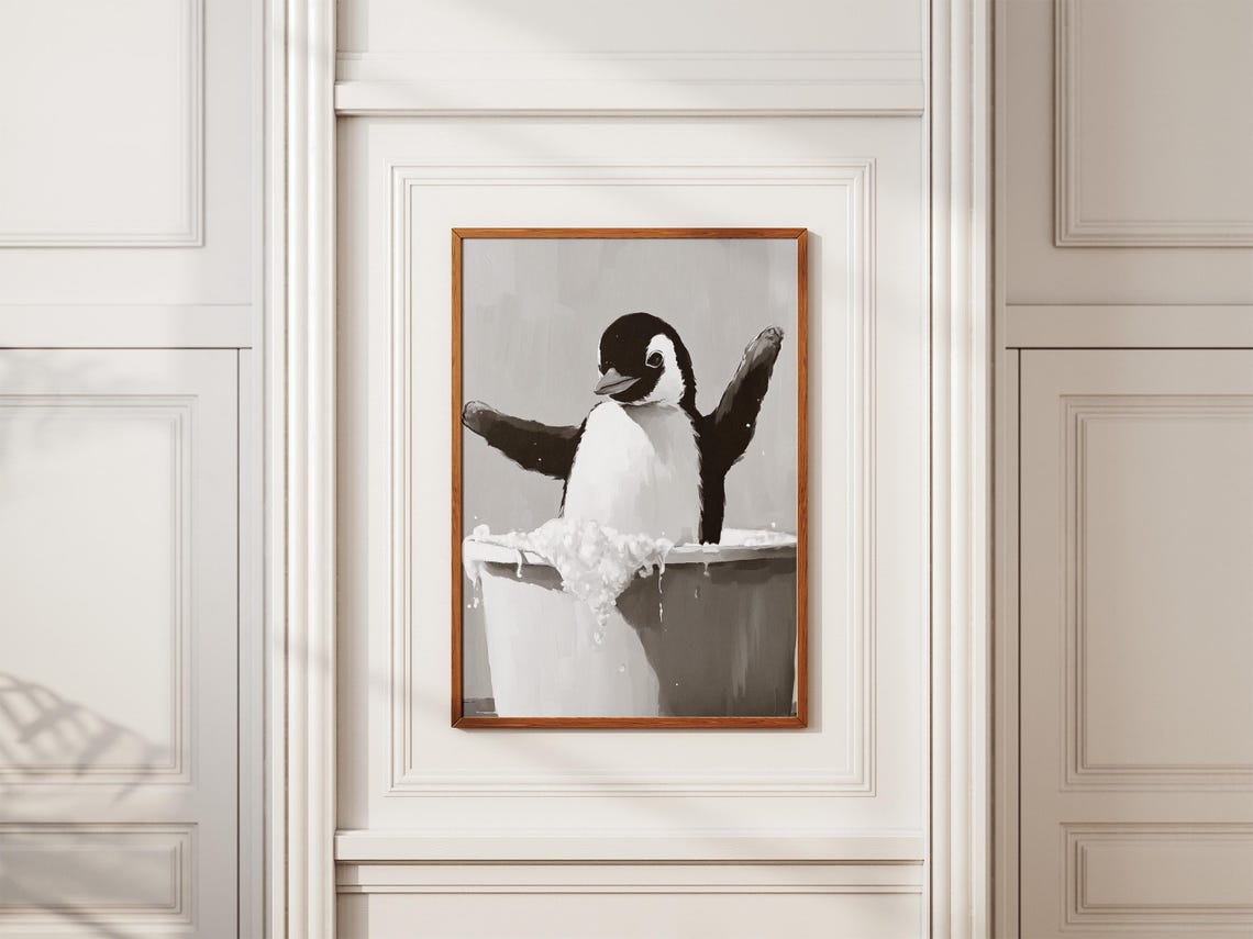 Penguin In Bathtub Poster Bubble Bath Funny Animal Bathroom Decor - Image 2