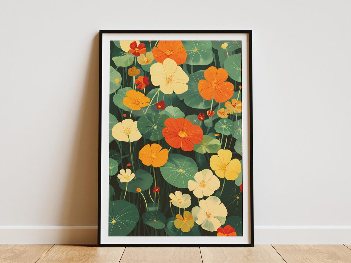 Summer Nasturtium Garden Bright Orange and Cream Floral Wall Art