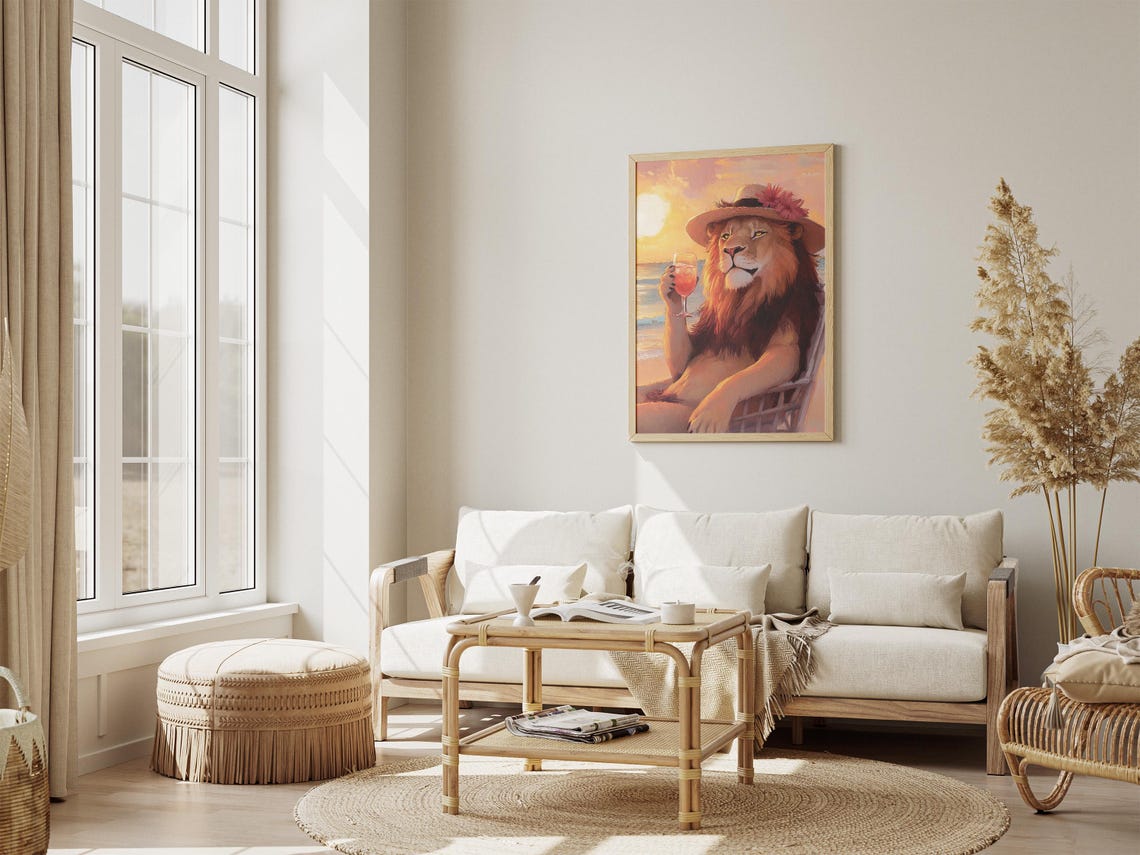 Lion In Flower Straw Hat Sipping Cocktail At Sunset Beach Poster - Image 4