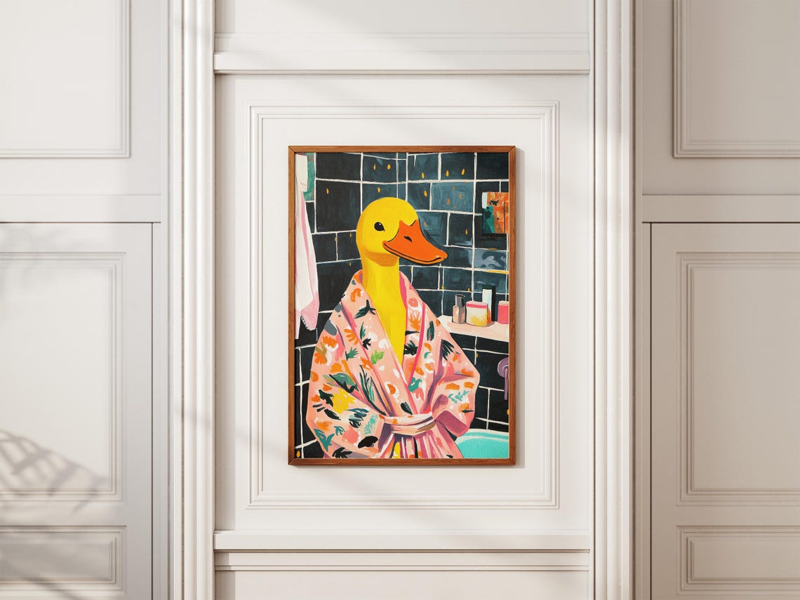 Yellow Duck in Floral Bathrobe Black Tile Bathroom Funny Poster - Image 2