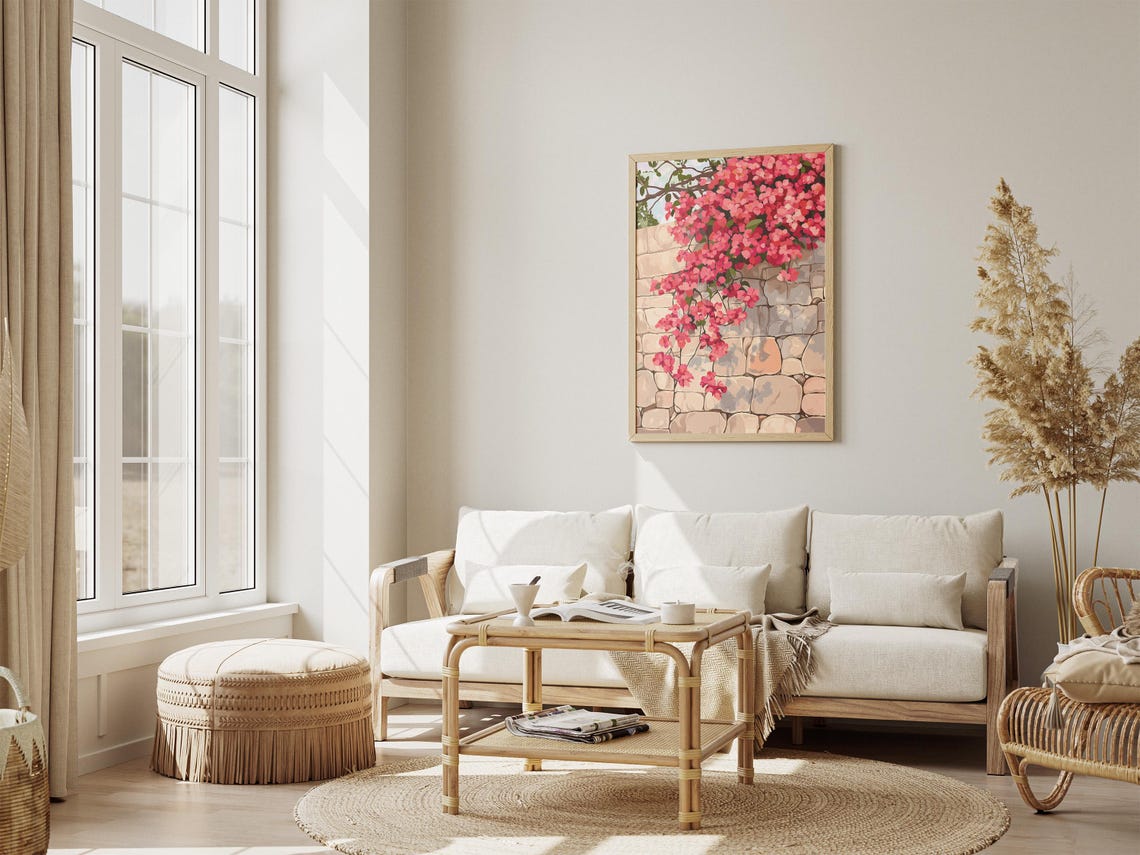 Pink Bougainvillea Spilling Over a Mediterranean Stone Wall Poster - Image 4