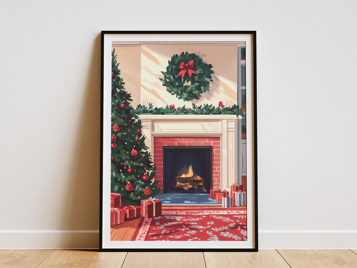 Cozy Christmas Fireplace Scene Poster with Tree Wreath and Gifts