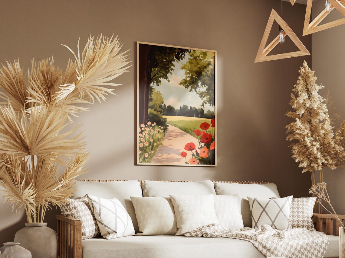 Red Poppy Lane Under Leafy Trees Country Garden Path Scene Poster - Image 3