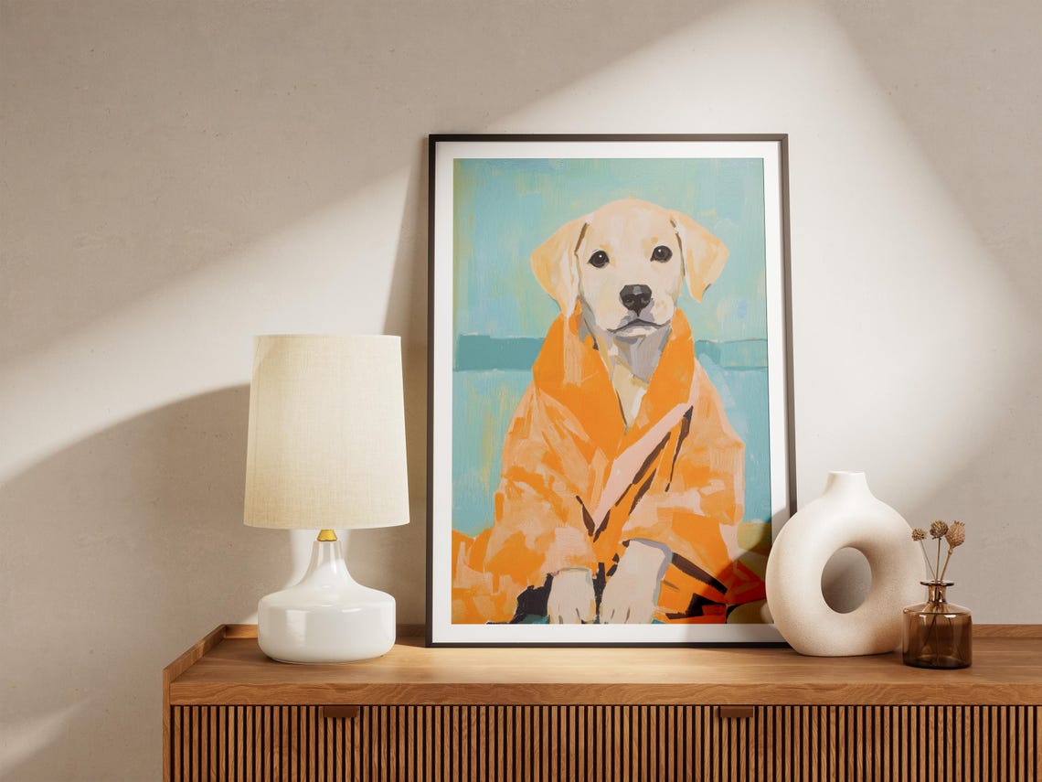 Yellow Labrador Puppy In Orange Bathrobe Poster Cute Dog Bathroom Art - Image 4