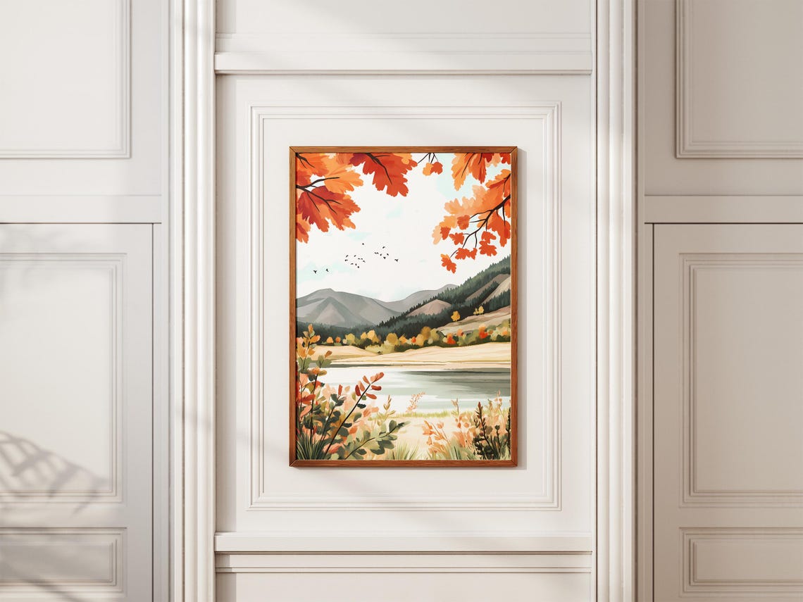 Autumn Mountain Lake with Maple Trees and Flying Birds Poster - Image 2