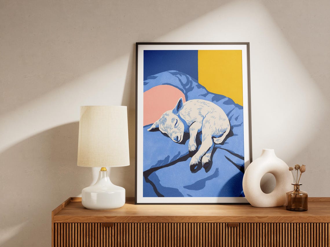 Cute Sleeping Baby Goat Kid on Blue Bed Matisse Style Poster - Image 4