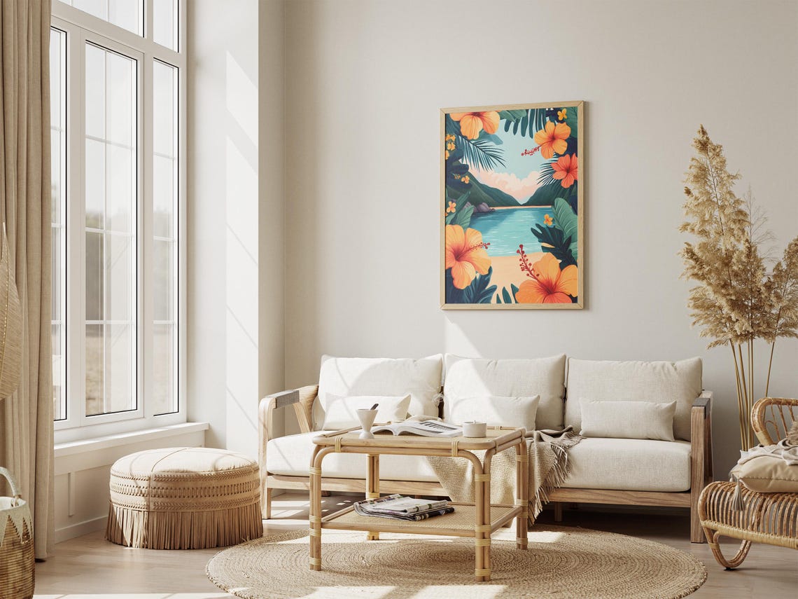 Orange Hibiscus Tropical Beach Ocean View Palm Frame Scenic Poster - Image 4