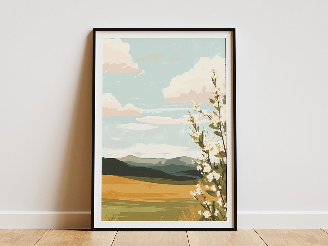 Spring Valley With Blooming Branch And Distant Mountain View Poster