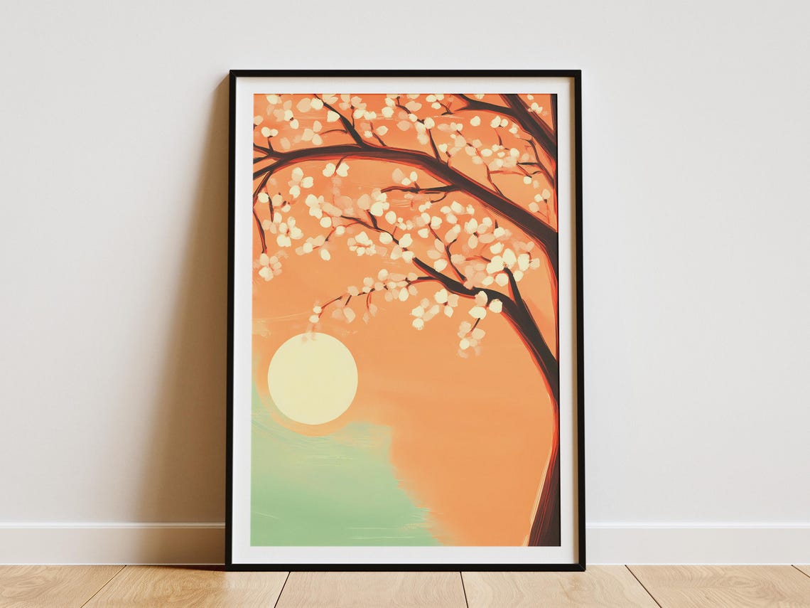 Blossom Branches with Rising Sun in a Peach Sky Abstract Art Poster