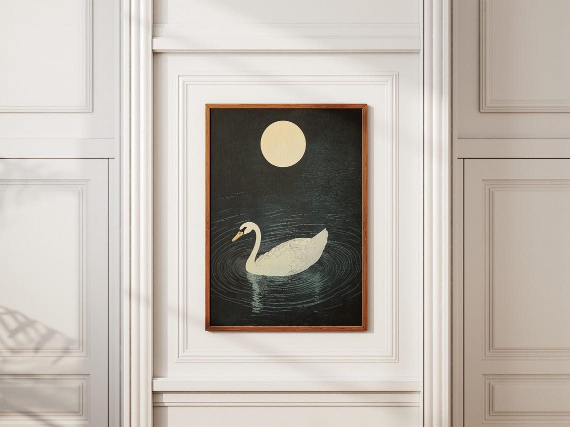 White Swan Gliding on Dark Water Under Full Moon Night Art Poster - Image 2