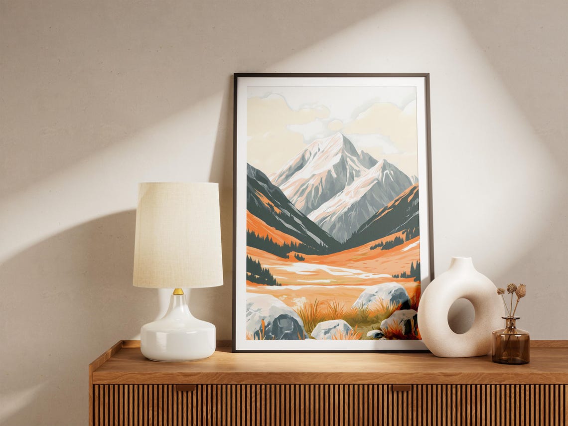 Snow Capped Peak Golden Alpine Valley Rocks Scenic View Poster - Image 5