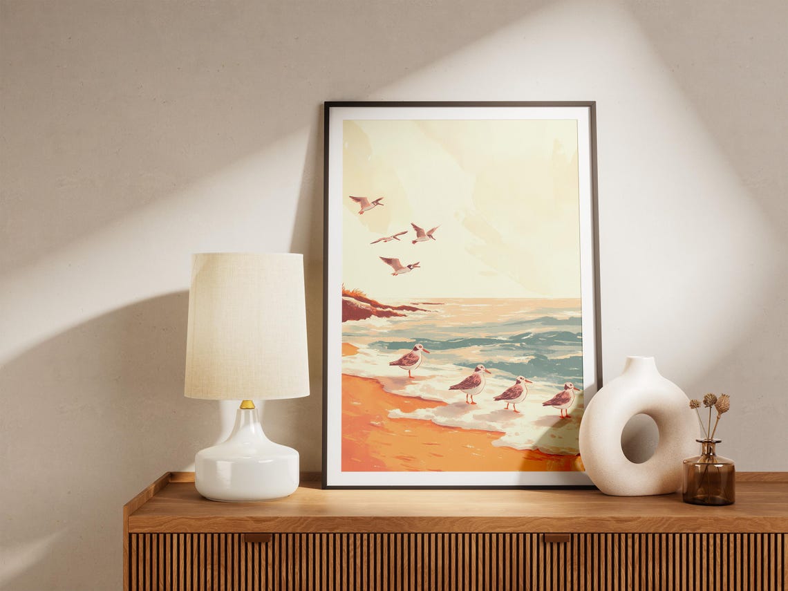 Sanderling Shorebirds on Golden Beach Waves Coastal Art Poster - Image 4