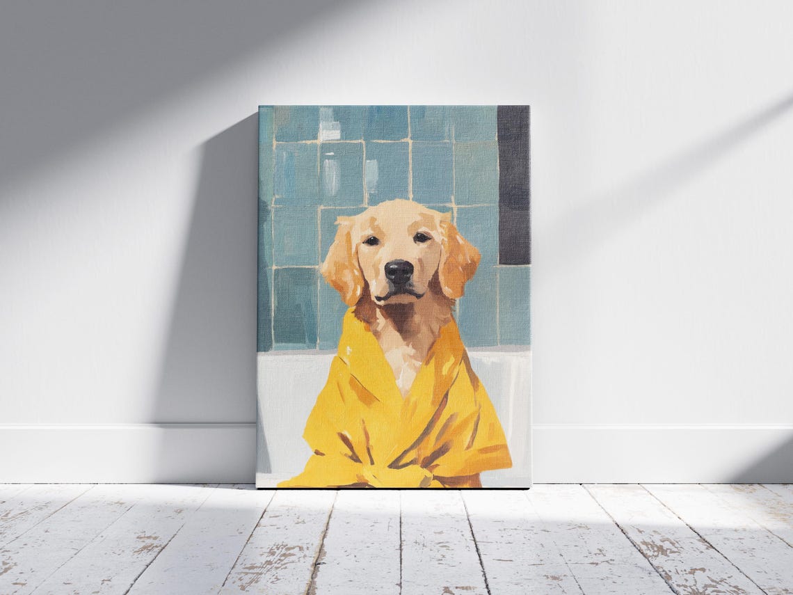 Golden Retriever Puppy In Yellow Robe Poster Cute Dog Bathroom Art - Image 2