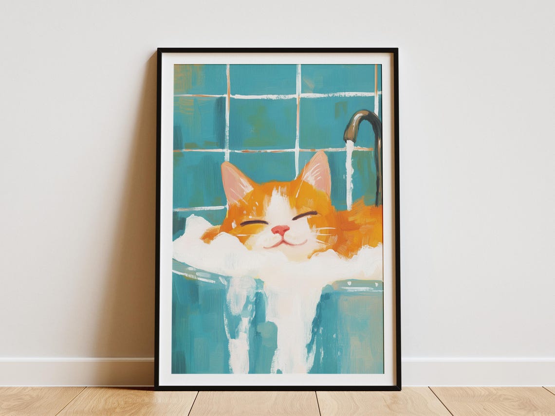 Blissful Ginger Cat Soaking in Teal Bubble Bath Cozy Art Poster