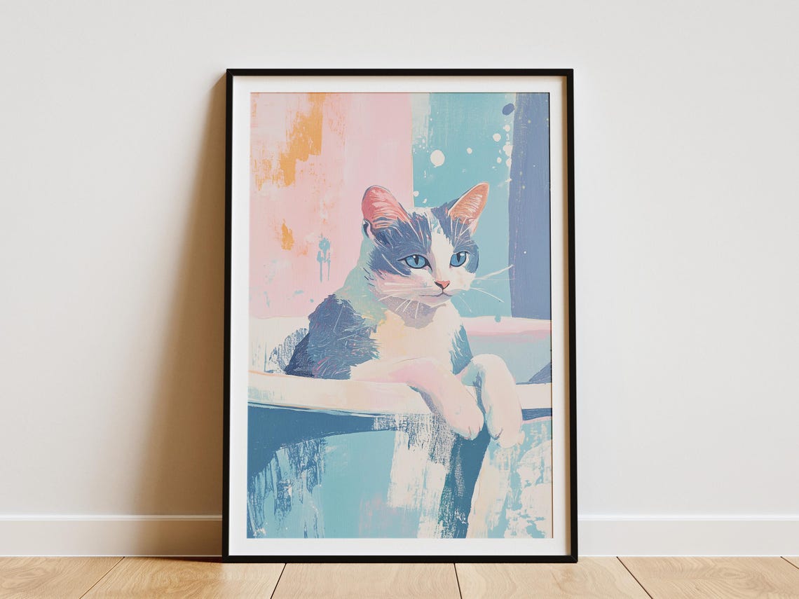 Cat in a Bathtub Pastel Blue and Pink Abstract Pet Art Poster