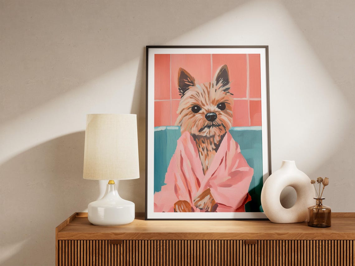 Yorkshire Terrier Puppy in Pink Bathrobe Cute Dog Art Poster - Image 4