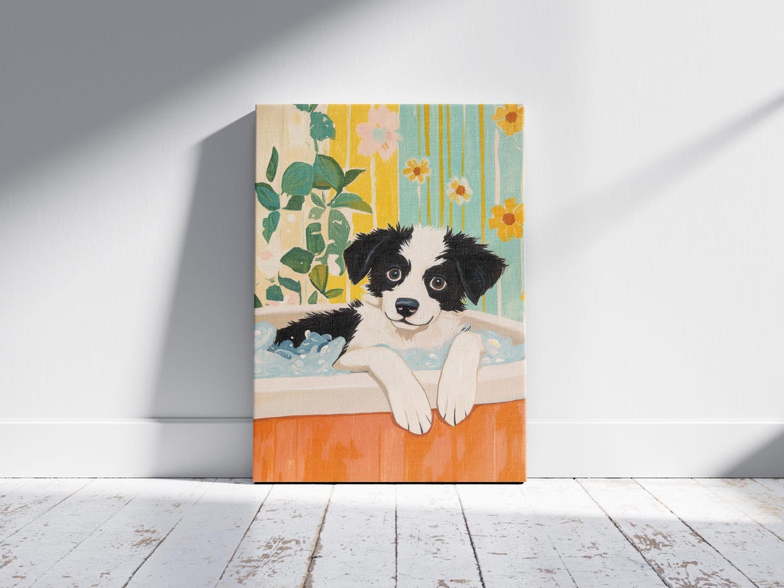 Border Collie Puppy Bubble Bath Retro Floral Curtain Art Poster - Image 2