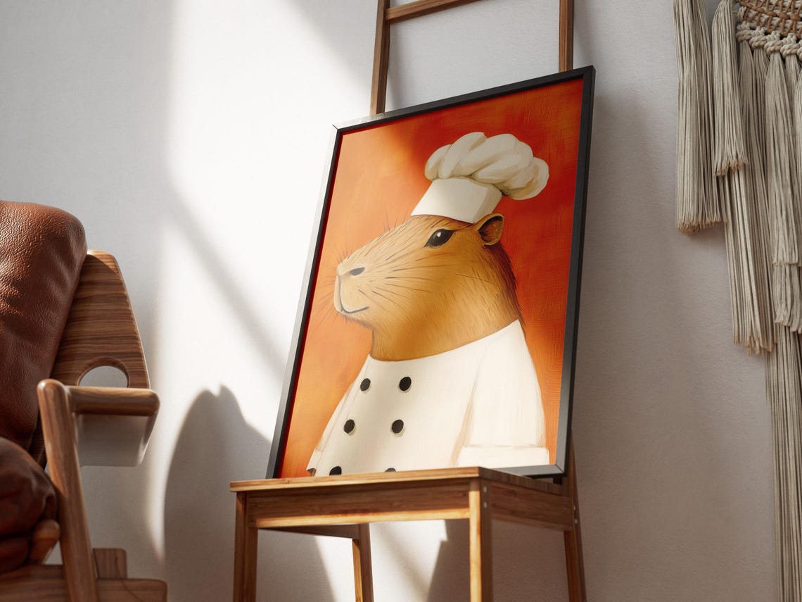 Capybara Chef Print Kitchen Art Funny Animal Poster Cute Wall In Chefs Hat Gift For Lovers Orange - Image 3
