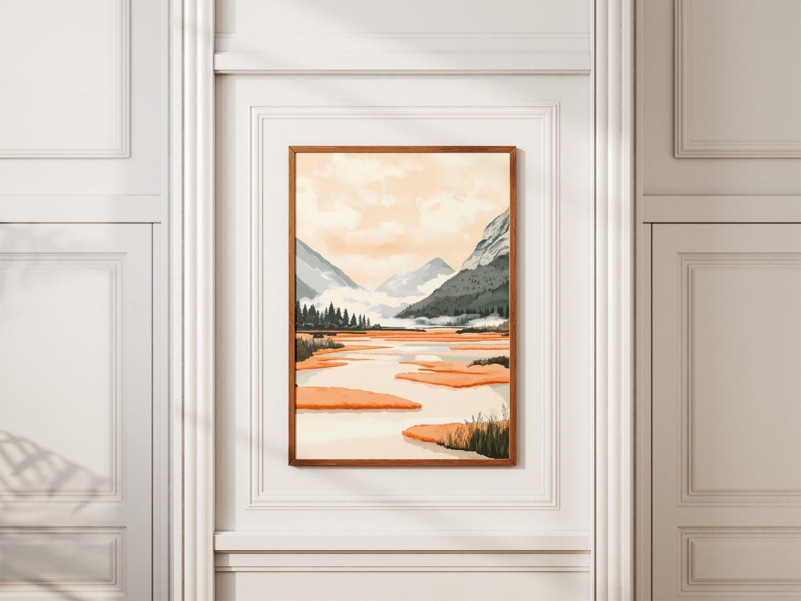 Misty Orange Lake Between Foggy Pine-Covered Mountains Poster - Image 2