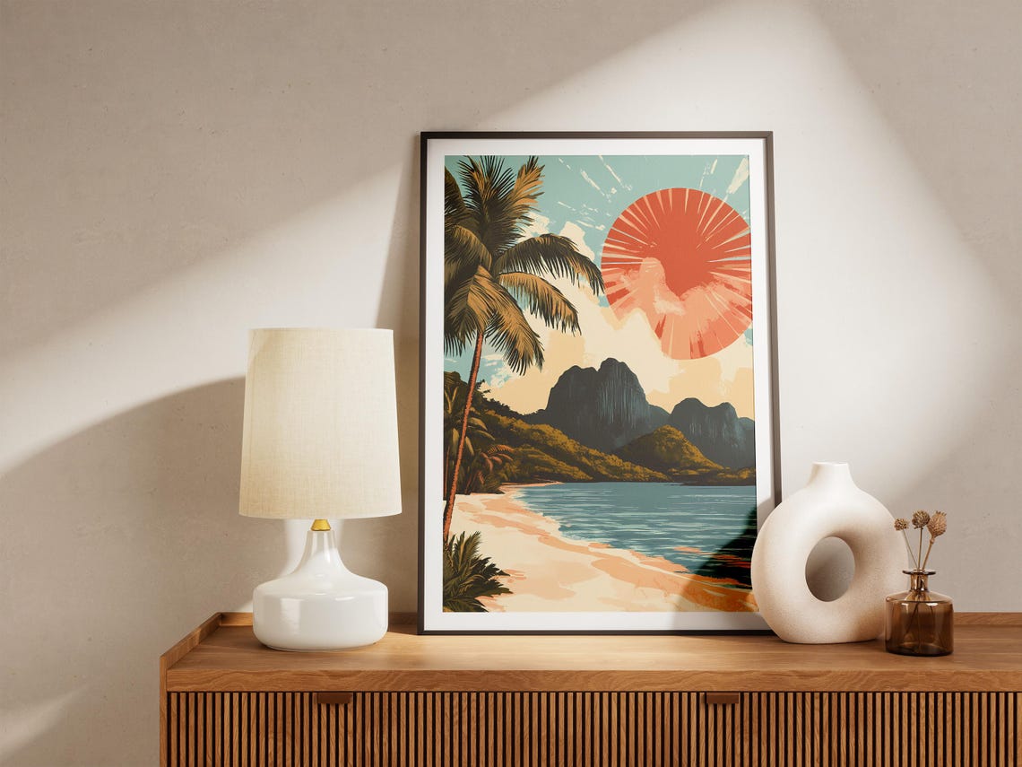 Pamalican Island Retro Beach Scene with Red Sun Travel Poster - Image 5