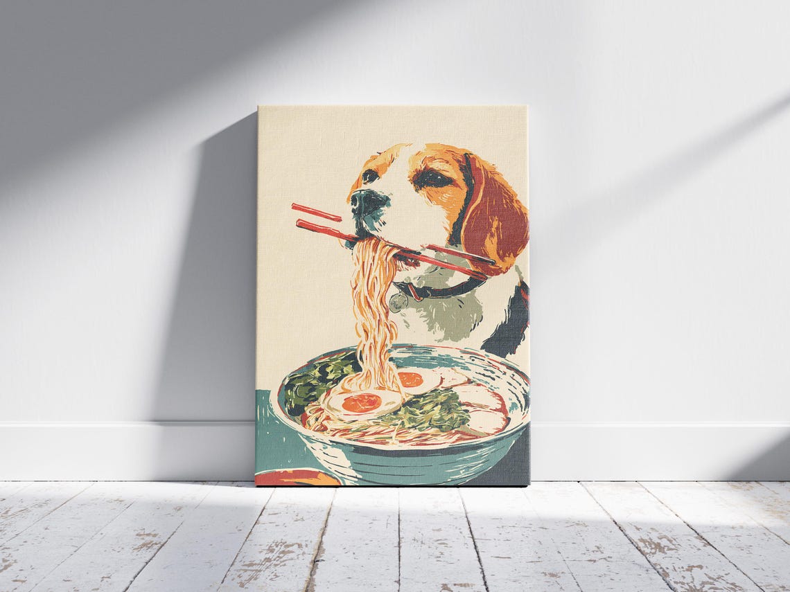 Happy Beagle Eating Ramen Noodles With Chopsticks Pop Art Poster - Image 2