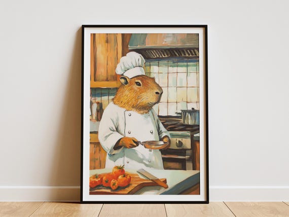 Capybara Chef Art Print Funny Kitchen Poster Whimsical Animal Cooking Unique Decor Gift For Lover