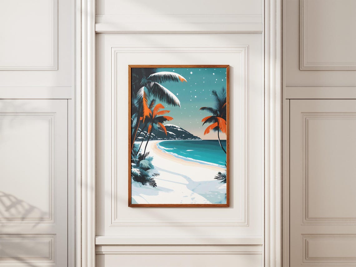 Tropical Winter Beach Snowy Palm Trees Turquoise Ocean Poster - Image 2